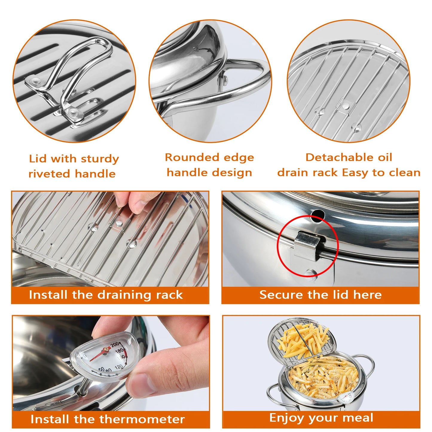 Deep Fryer Pot with Strainer Basket and Thermometer Stainless Steel Frying Pan for Frying Fries Fish Shrimp Chicken Cooking Tool