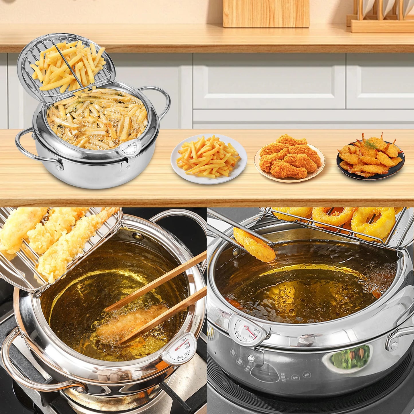 Deep Fryer Pot with Strainer Basket and Thermometer Stainless Steel Frying Pan for Frying Fries Fish Shrimp Chicken Cooking Tool