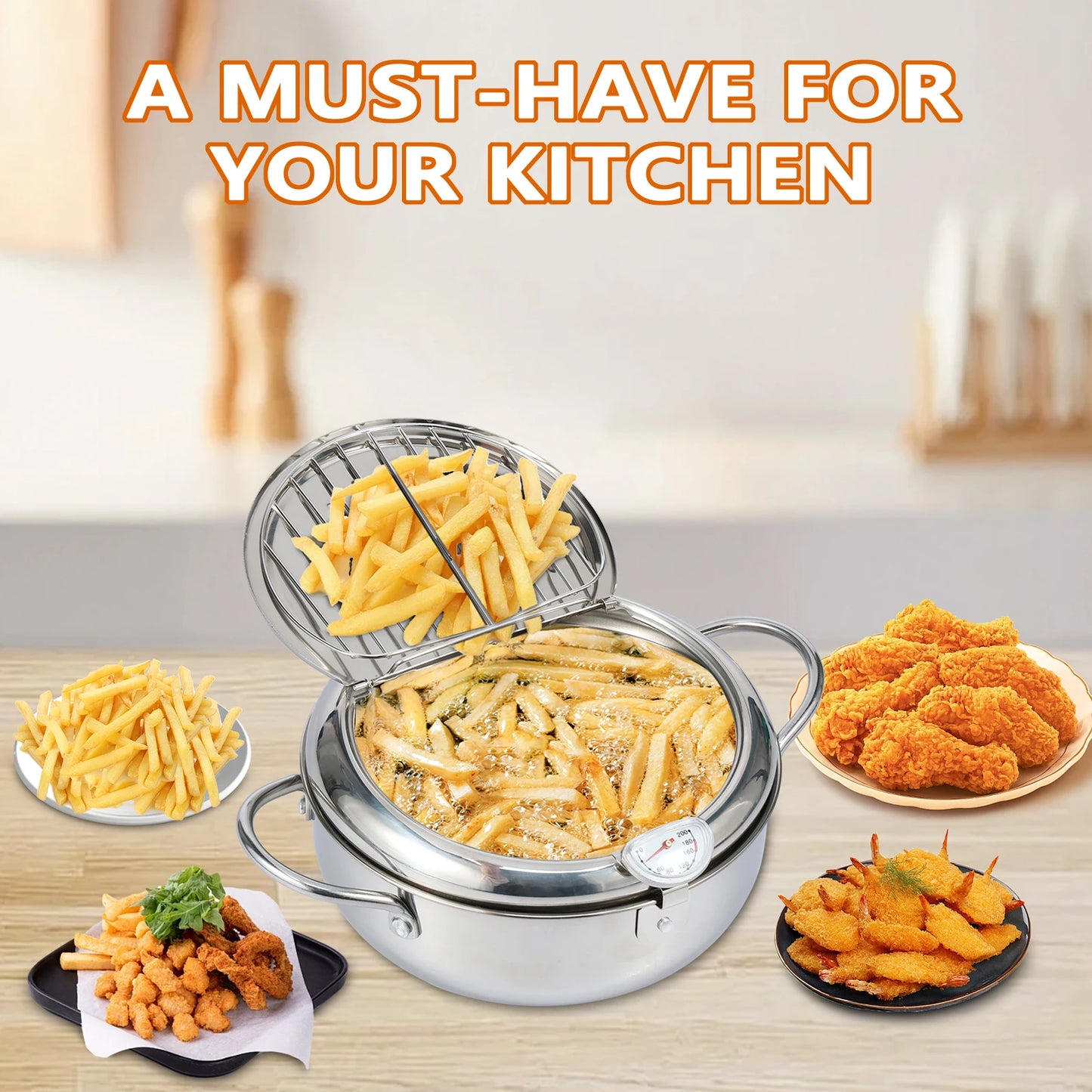 Deep Fryer Pot with Strainer Basket and Thermometer Stainless Steel Frying Pan for Frying Fries Fish Shrimp Chicken Cooking Tool