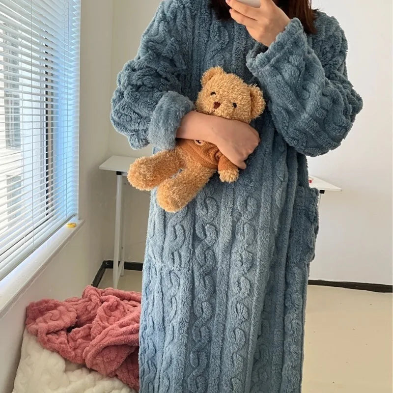 Thickened Warm plus Size Ladies Pyjamas Flannel Winter Striped Coral Velvet Long-Sleeved Nightwear Bathrobe One Piece Pajamas