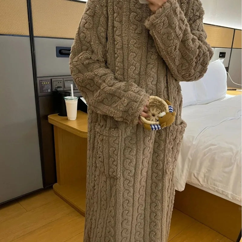 Thickened Warm plus Size Ladies Pyjamas Flannel Winter Striped Coral Velvet Long-Sleeved Nightwear Bathrobe One Piece Pajamas