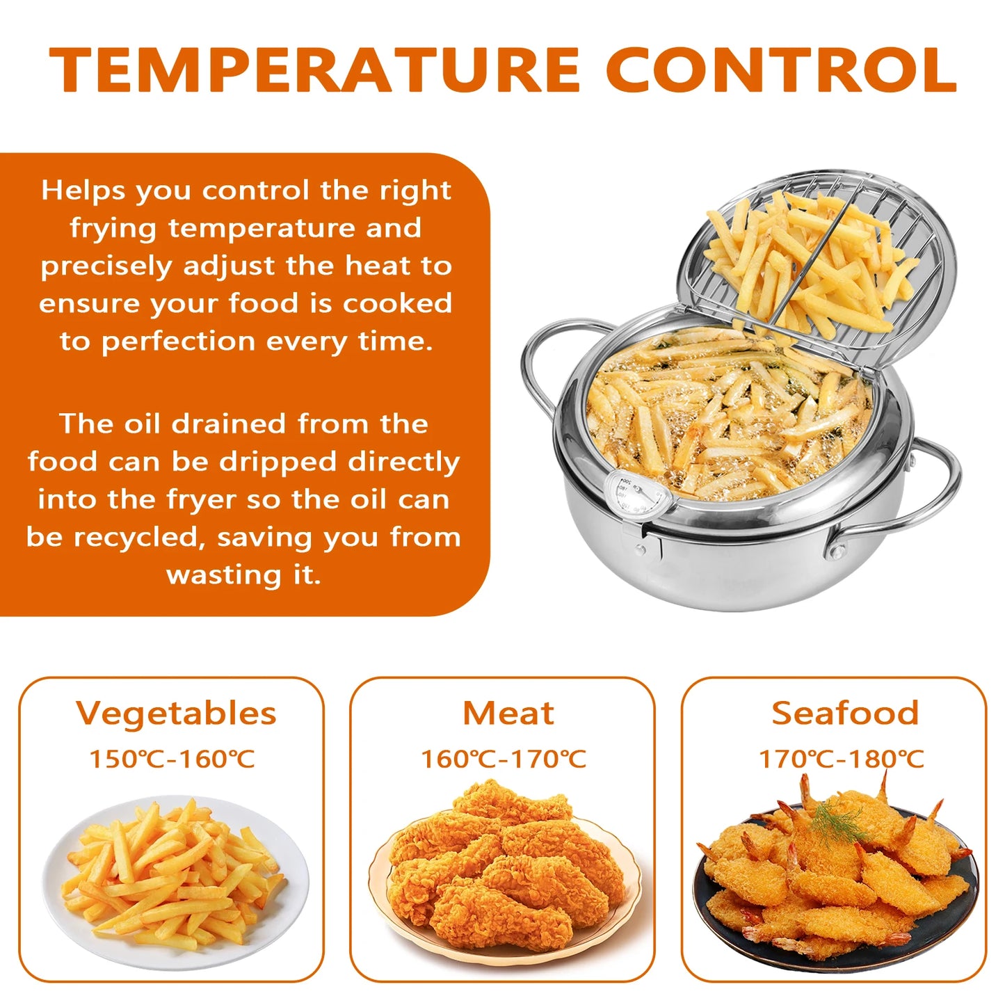 Deep Fryer Pot with Strainer Basket and Thermometer Stainless Steel Frying Pan for Frying Fries Fish Shrimp Chicken Cooking Tool