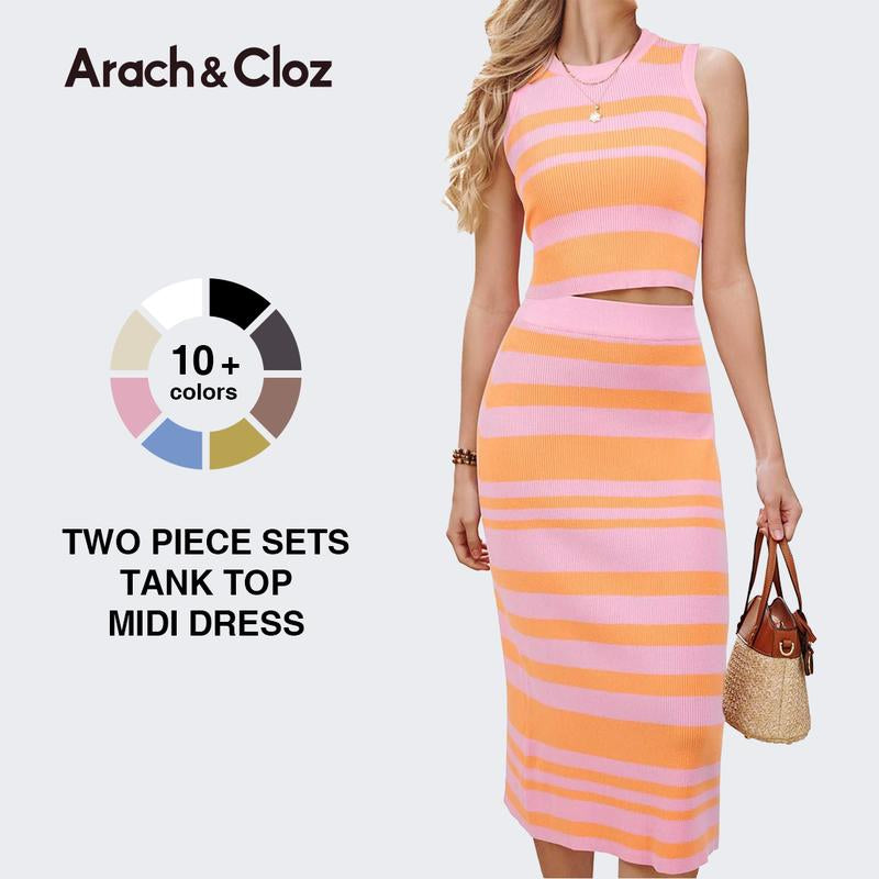 Arach&Cloz Womens Two Piece Sets 2025 Bodycon Dresses Summer Outfits Tank Top and Midi Skirt Suits Sweater Clothes Formal Black Casual Womenswear Sleeveless