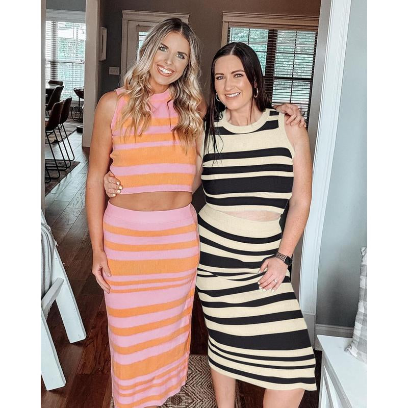 Arach&Cloz Womens Two Piece Sets 2025 Bodycon Dresses Summer Outfits Tank Top and Midi Skirt Suits Sweater Clothes Formal Black Casual Womenswear Sleeveless