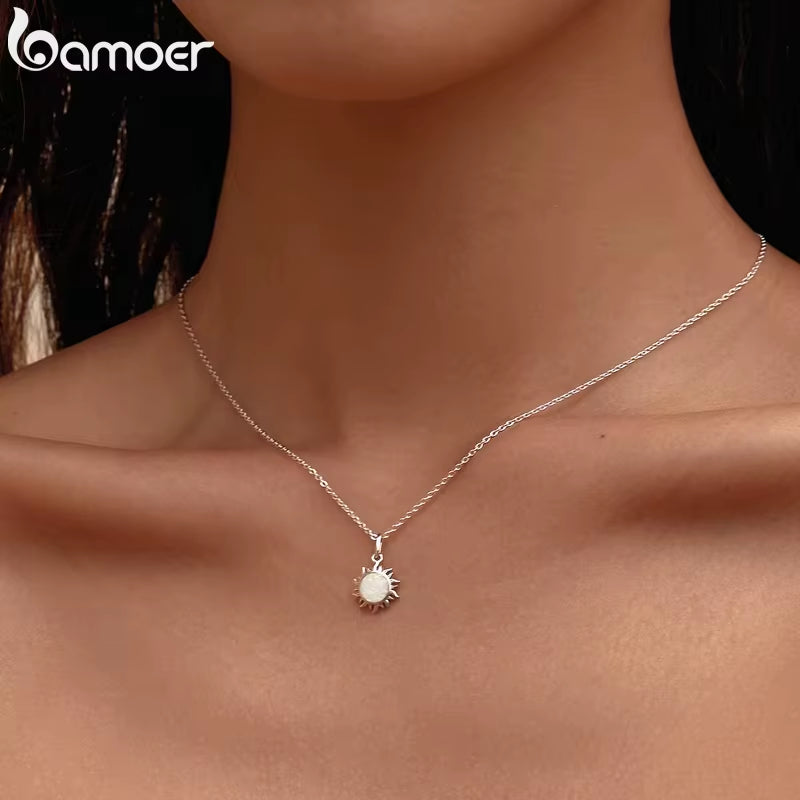 925 Sterling Silver White Opal Sun Pendant Necklace Apollo Chain Necklaces for Women Birthday Gift Jewelry