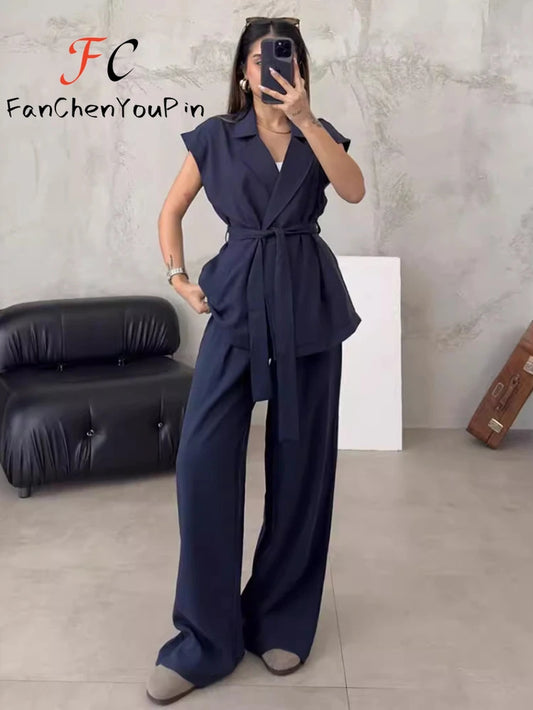 2024 Women'S Pant Set Fashion Casual Sleeveless Loose Lace-Up Cardigan Top Elegant Vintage High Waist Wide Leg Trousers 2-Piece