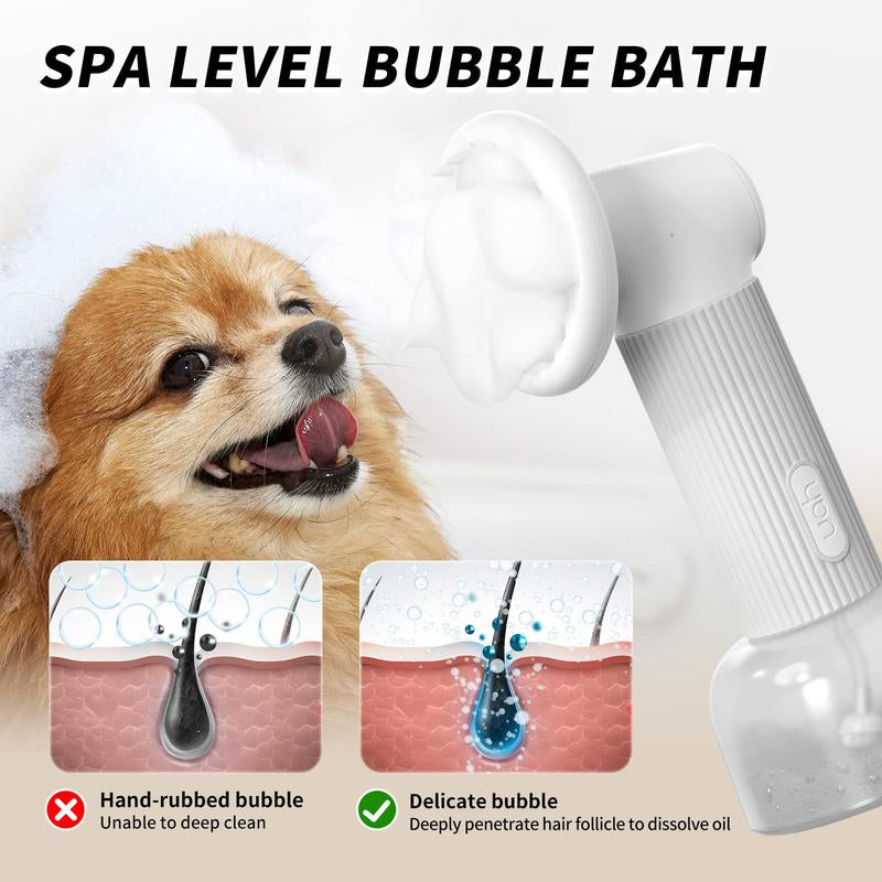 Uahpet Auto-Foaming Dog Bath Brush, No Pre-Wetting Dog Shampoo Brush with Soap Dispenser, a Button Lather up Bath Brush for Dogs Cats, Wireless Pet Bath Brush Scrubber Suds up Dense Foam Quickly