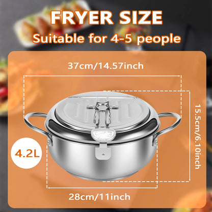 Deep Fryer Pot with Strainer Basket and Thermometer Stainless Steel Frying Pan for Frying Fries Fish Shrimp Chicken Cooking Tool