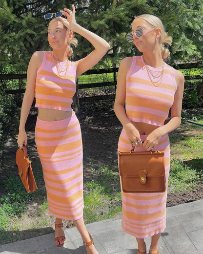 Arach&Cloz Womens Two Piece Sets 2025 Bodycon Dresses Summer Outfits Tank Top and Midi Skirt Suits Sweater Clothes Formal Black Casual Womenswear Sleeveless