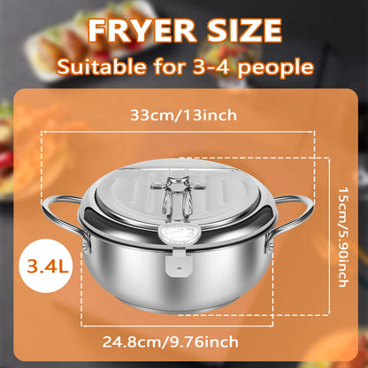 Deep Fryer Pot with Strainer Basket and Thermometer Stainless Steel Frying Pan for Frying Fries Fish Shrimp Chicken Cooking Tool