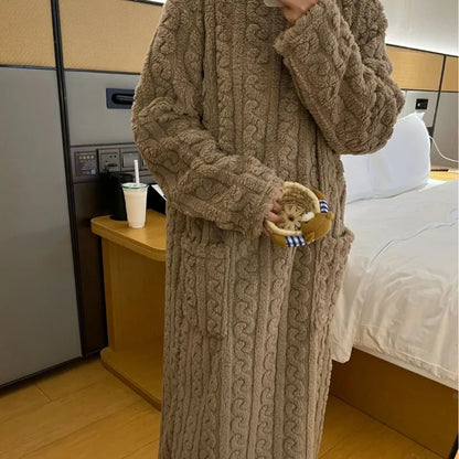 Thickened Warm plus Size Ladies Pyjamas Flannel Winter Striped Coral Velvet Long-Sleeved Nightwear Bathrobe One Piece Pajamas