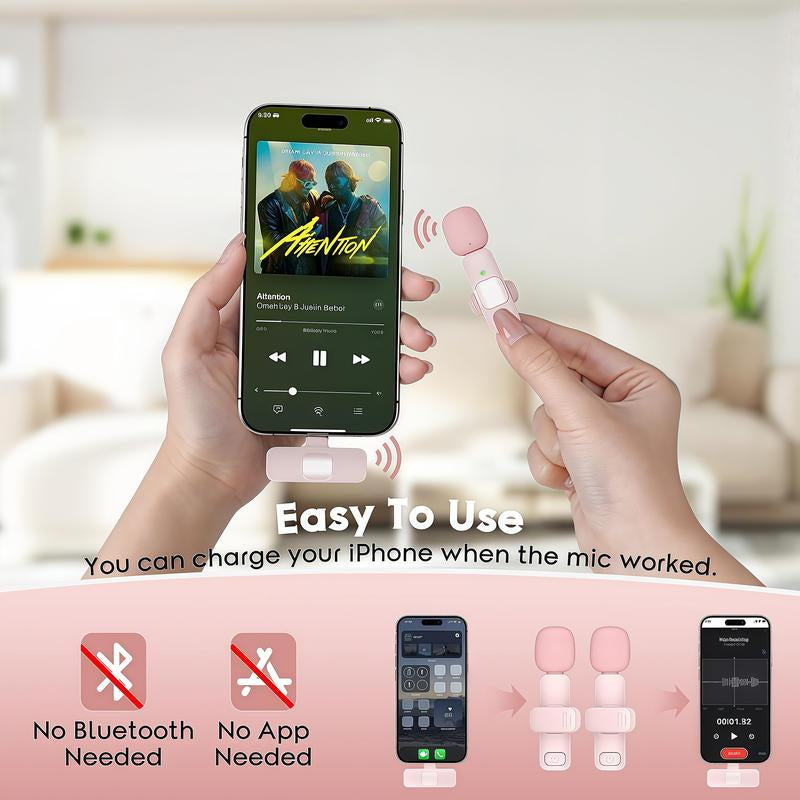 USB-C Mini Wireless Lavalier Microphone for Iphone 16, Ios & Android – Noise Cancelling Clip-On Mic for Recording, Videos, Tiktok, Youtube, Vlog – Plug & Play (Pink)