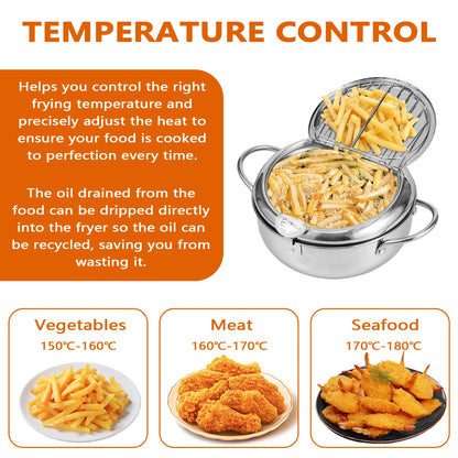 Deep Fryer Pot with Strainer Basket and Thermometer Stainless Steel Frying Pan for Frying Fries Fish Shrimp Chicken Cooking Tool