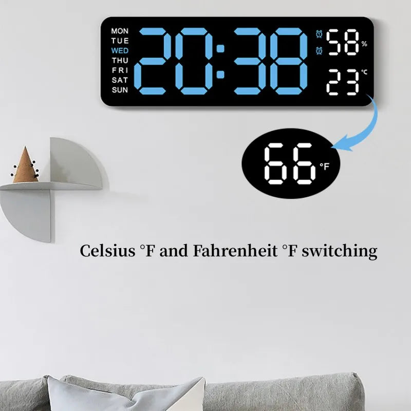 USB Powered Large Digital Wall Clock 9 Inch Temperature Humidity Week Auto Dimmer Table Clock Electronic LED Alarm Clock 12/24H