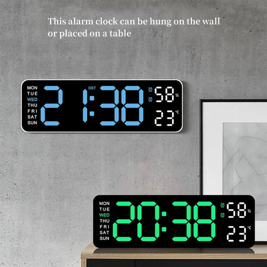 USB Powered Large Digital Wall Clock 9 Inch Temperature Humidity Week Auto Dimmer Table Clock Electronic LED Alarm Clock 12/24H