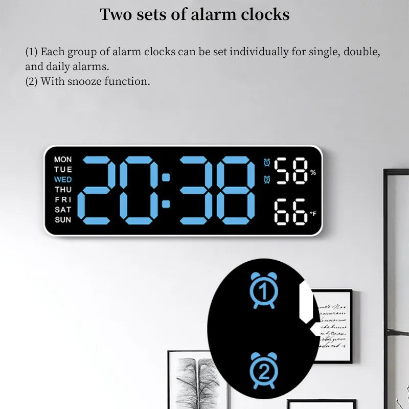 USB Powered Large Digital Wall Clock 9 Inch Temperature Humidity Week Auto Dimmer Table Clock Electronic LED Alarm Clock 12/24H