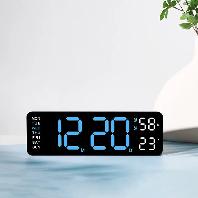USB Powered Large Digital Wall Clock 9 Inch Temperature Humidity Week Auto Dimmer Table Clock Electronic LED Alarm Clock 12/24H