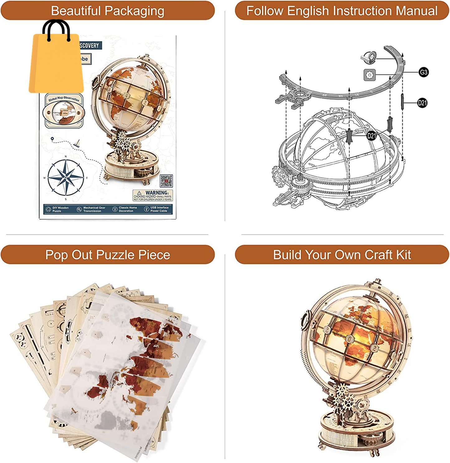 Rokr Luminous Globe 3D Wooden Hot Selling 180PCS Model Building Block Kits Toy