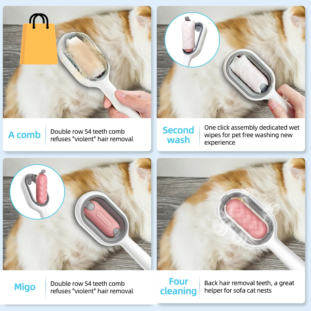 Cat Hair Brush with Water, Sticky Brush for Cats, 4 In-1 Cat Grooming Brush Creative Update Cat Dog Grooming Comb with Water Tank Double-Sided Hair Removal Brush Kitten Pet Supplies Accessories