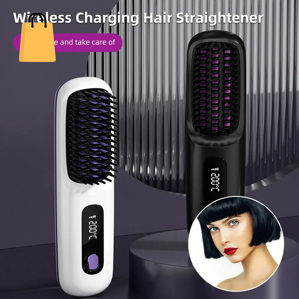 Hair Straightener Brush USB Rechargeable Cordless Negative Ions Hot Brush Electric Fluffy Curly Hair Styling Detangling Comb