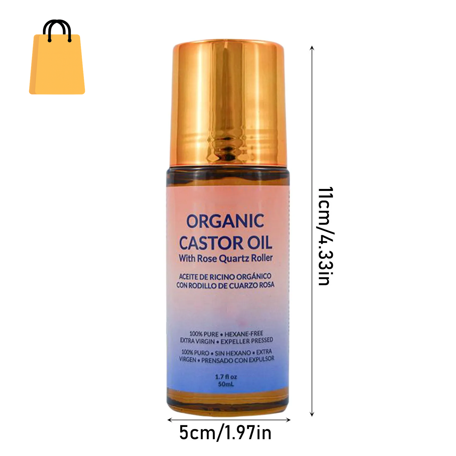 50Ml Organic Golden Castor Oil Roll-On with Rose Quartz | 100% Pure for Skin, Brows & Lashes and Less Mess Castor Oil Packs