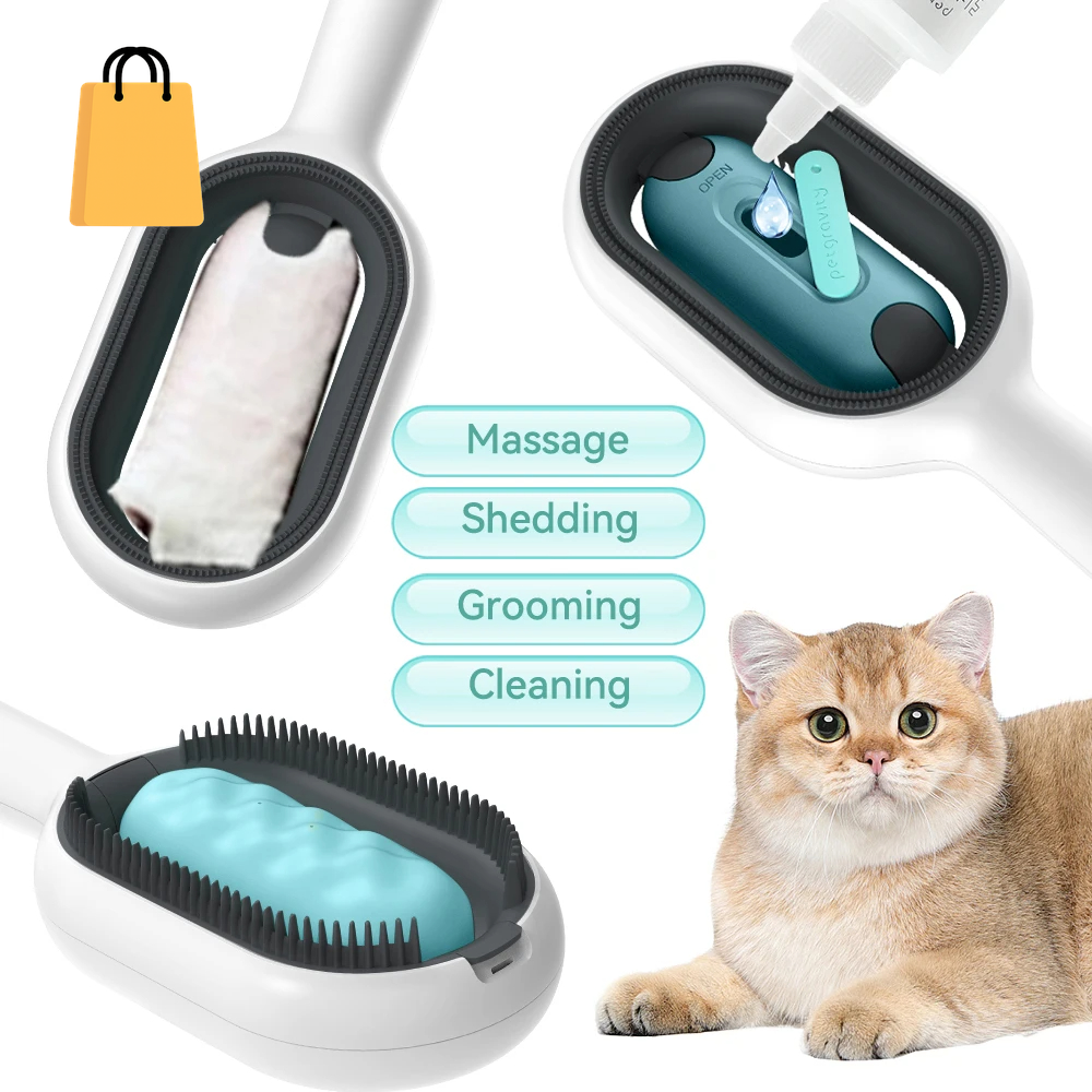 Cat Hair Brush with Water, Sticky Brush for Cats, 4 In-1 Cat Grooming Brush Creative Update Cat Dog Grooming Comb with Water Tank Double-Sided Hair Removal Brush Kitten Pet Supplies Accessories