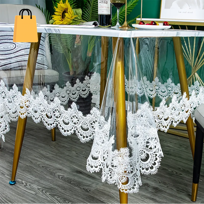 Clear Tables Cover PVC Transparent Embroidered Lace Tablecloth Soft Waterproof Table Cloth Household Rectangle round Table Mat