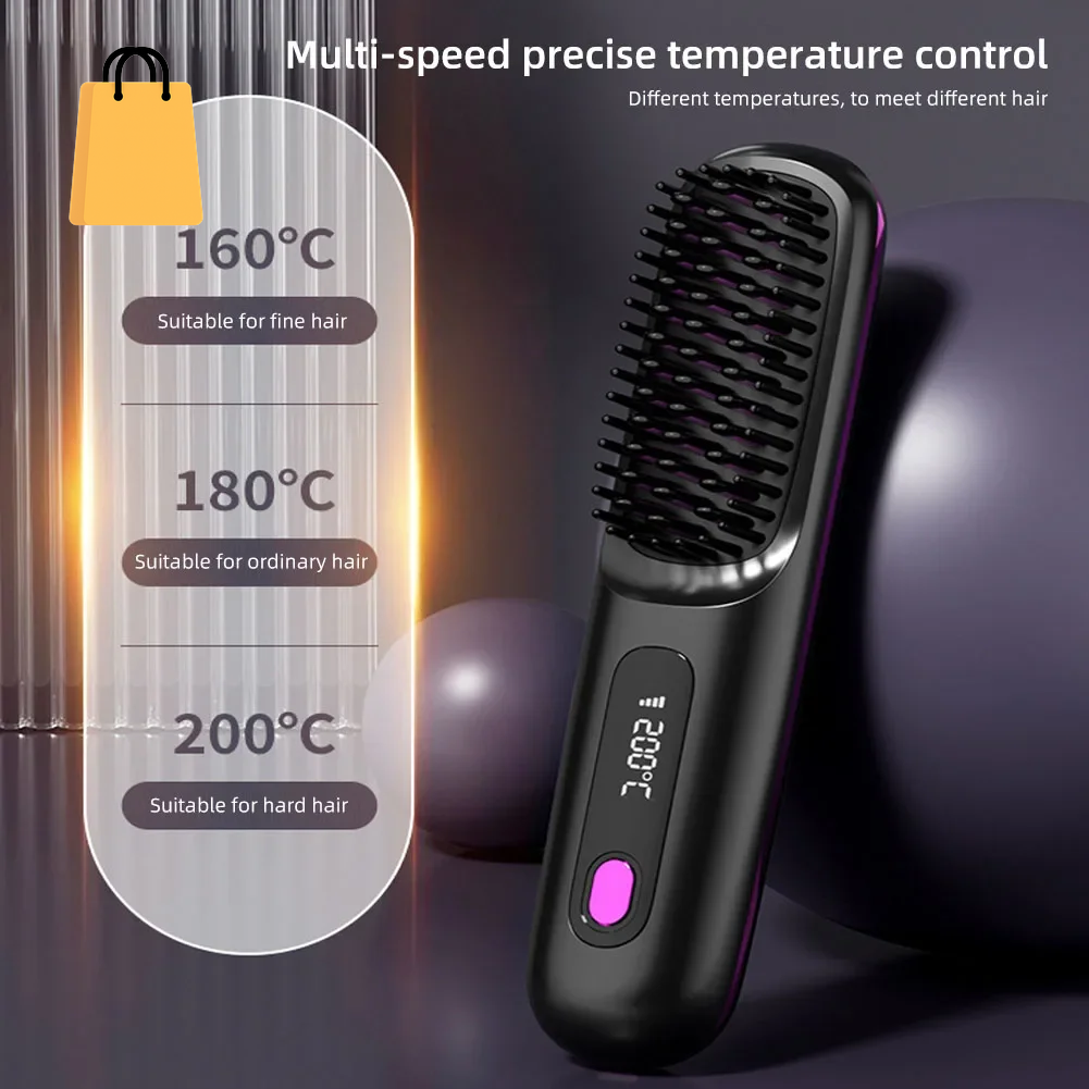 Hair Straightener Brush USB Rechargeable Cordless Negative Ions Hot Brush Electric Fluffy Curly Hair Styling Detangling Comb