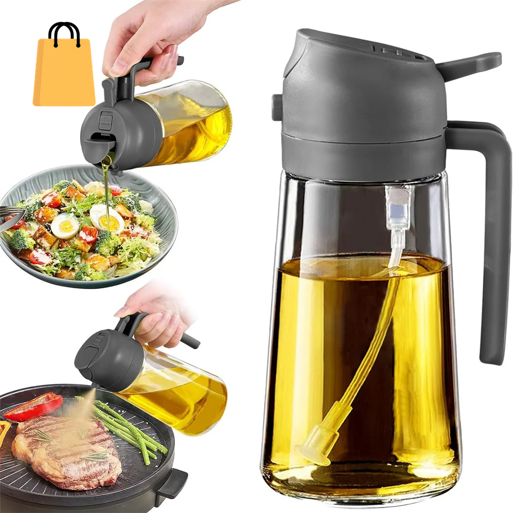 16Oz/470Ml Glass Oil Dispenser with Automatic Flip Lid 2In1 Kitchen Bottle,Cooking Sprayer,Leak-Proof Design,Oil Spray Bottle