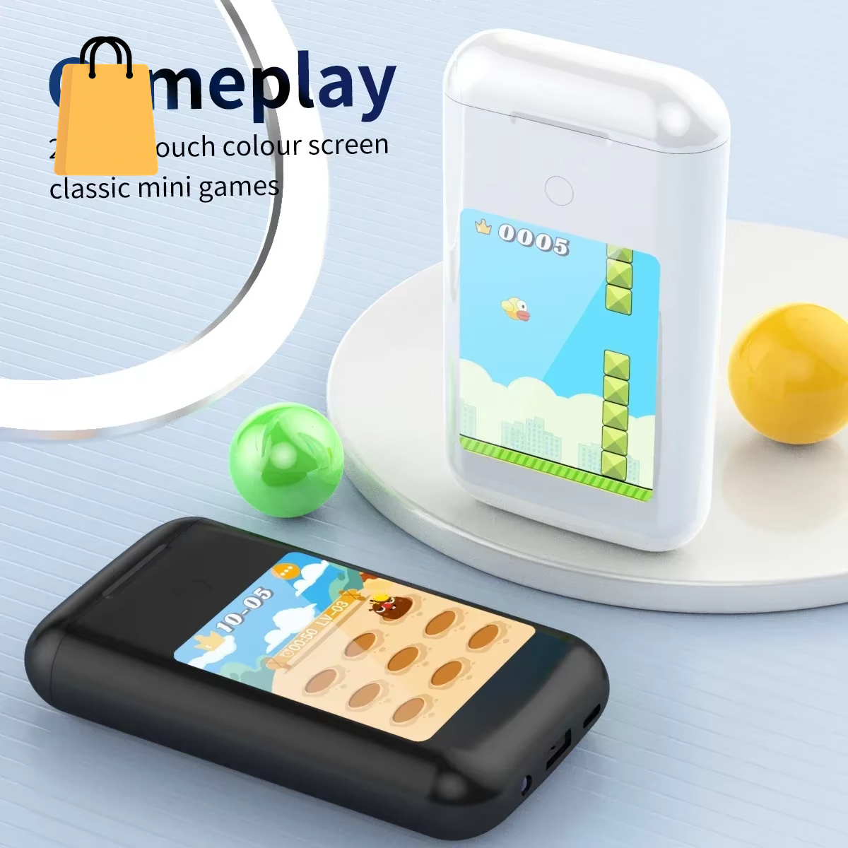 Multiple Function in Ear Bluetooth Wireless Earphone Charging Case with 2.8" Touch Screen Power Bank Headphone Music Game