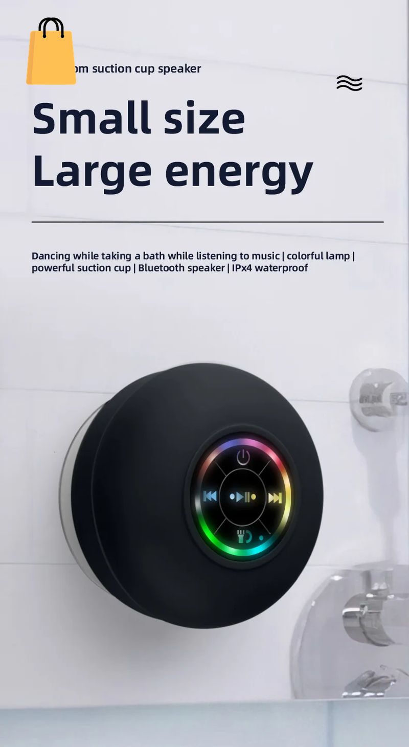Portable Waterproof Bluetooth Shower Speaker with Suction Cup and LED Lights 3D Surround Stereo Subwoofer