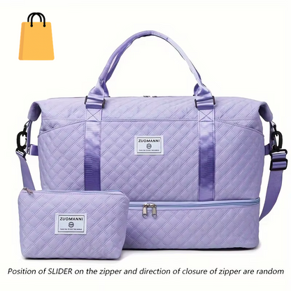 2Pcs Set Large Capacity Travel Duffel Bag with Shoe Compartment and Cosmetic Pouch, Casual Nylon Gym Bag, Weekend Overnight Bag