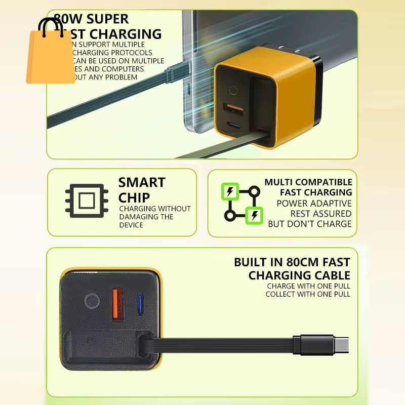 3 in 1 Gan Charger Retractable 80W MAX Fast Charger Block with Type-C Cable 2USB Ports Portable Adapter Mobile Phone Charger New