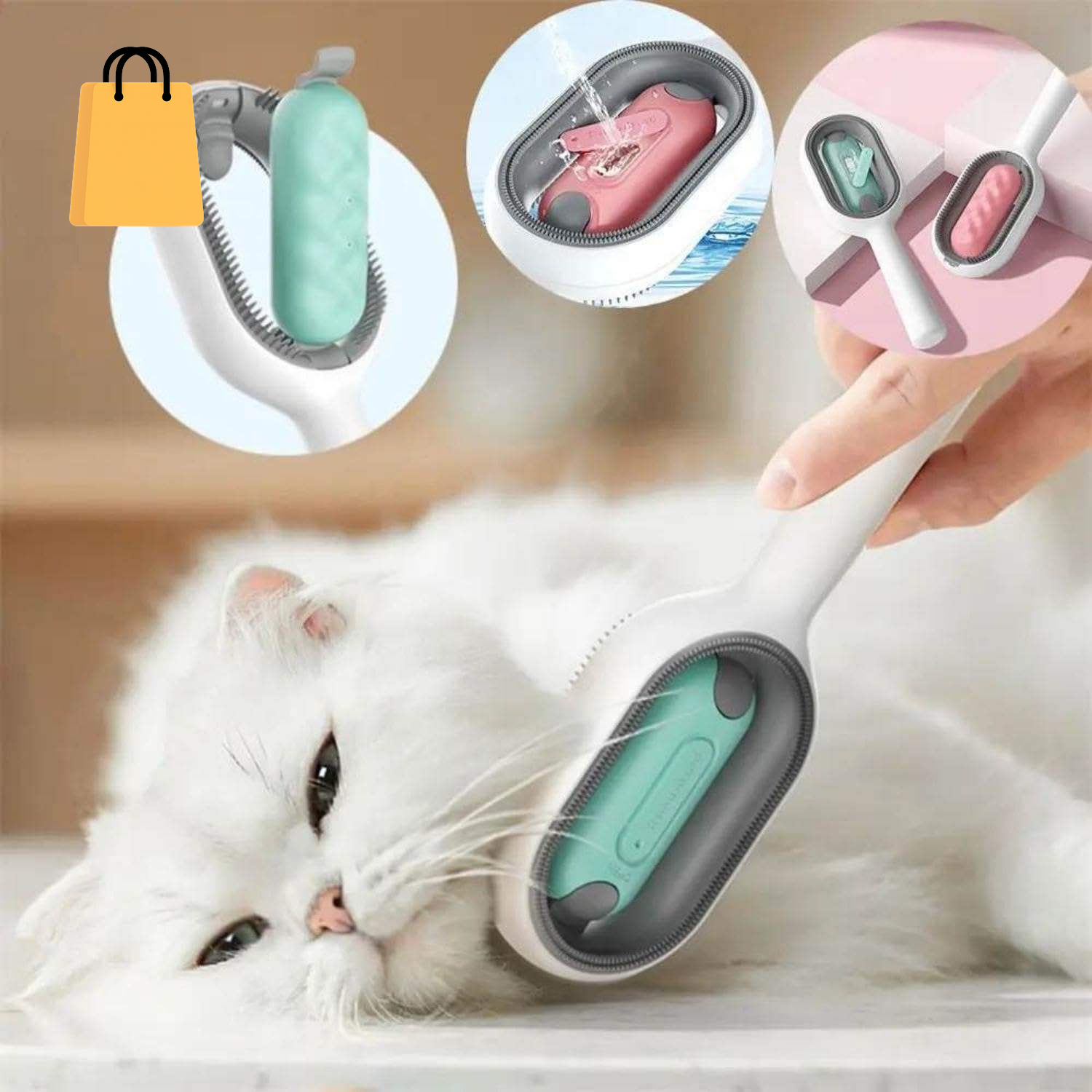 Cat Hair Brush with Water, Sticky Brush for Cats, 4 In-1 Cat Grooming Brush Creative Update Cat Dog Grooming Comb with Water Tank Double-Sided Hair Removal Brush Kitten Pet Supplies Accessories