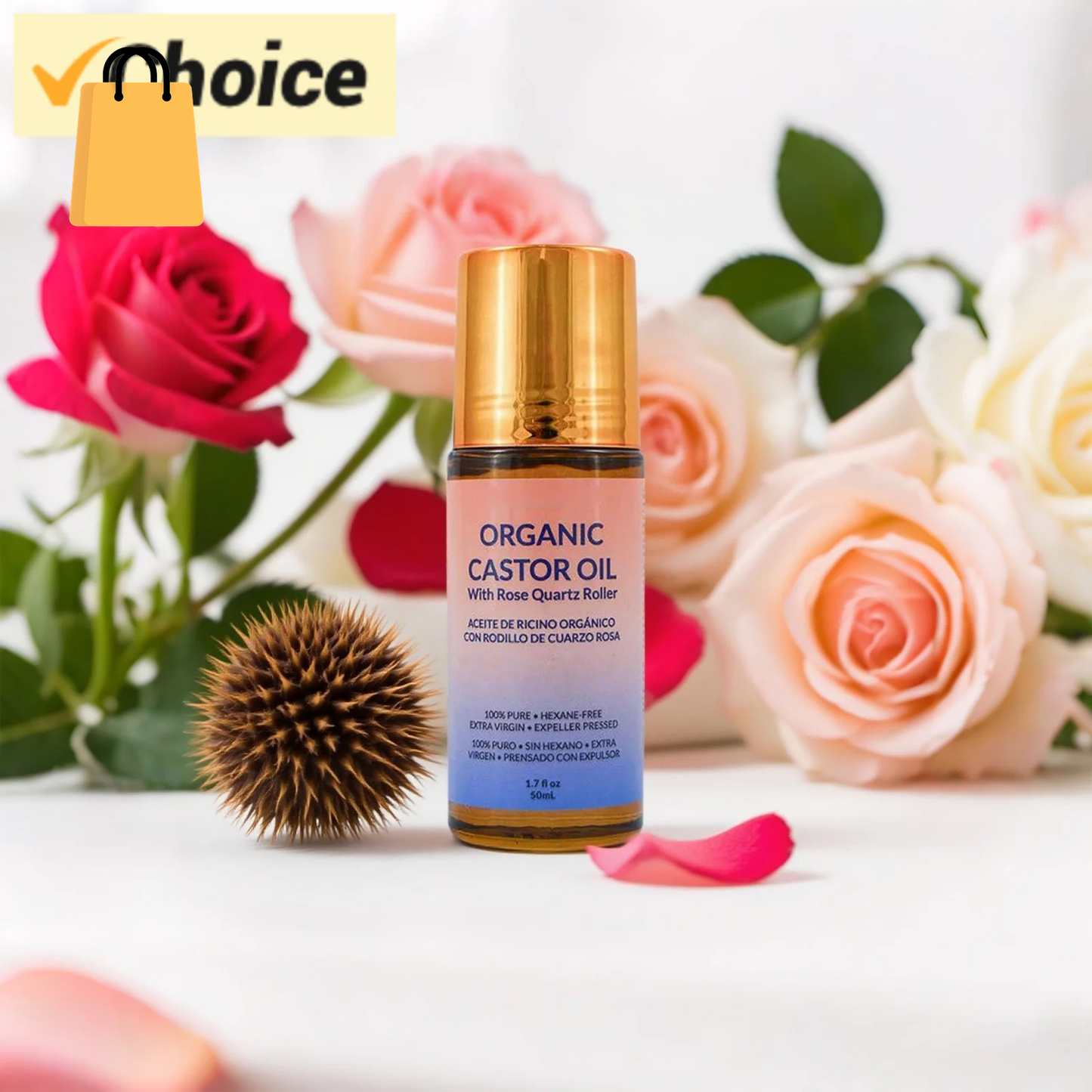 50Ml Organic Golden Castor Oil Roll-On with Rose Quartz | 100% Pure for Skin, Brows & Lashes and Less Mess Castor Oil Packs