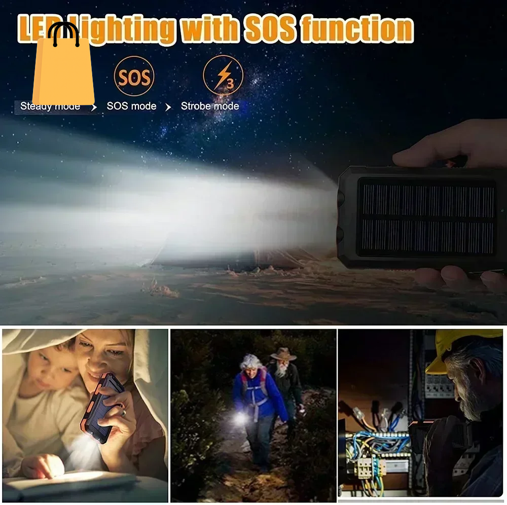 200000Mah Solar Power Bank Waterproof Large Capacity Powerbank Fast Charging External Battery with SOS for Iphone Samsung Xiaomi