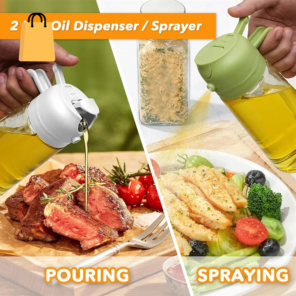 16Oz/470Ml Glass Oil Dispenser with Automatic Flip Lid 2In1 Kitchen Bottle,Cooking Sprayer,Leak-Proof Design,Oil Spray Bottle