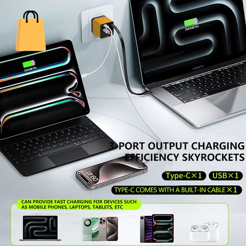 3 in 1 Gan Charger Retractable 80W MAX Fast Charger Block with Type-C Cable 2USB Ports Portable Adapter Mobile Phone Charger New