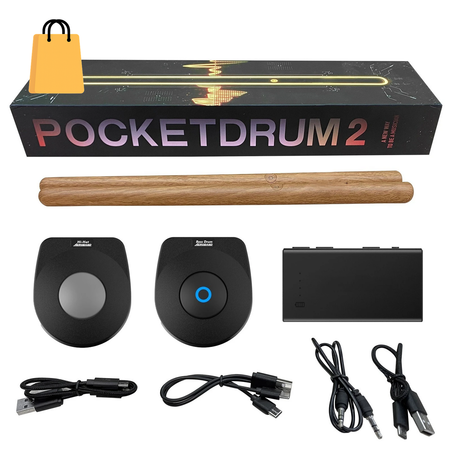 Aeroband-Pocketdrum 2 MAX Electronic Drum Set, Drum Sticks, Foot Pedals, Bluetooth Adapter, Play Drum Anywhere Anytime