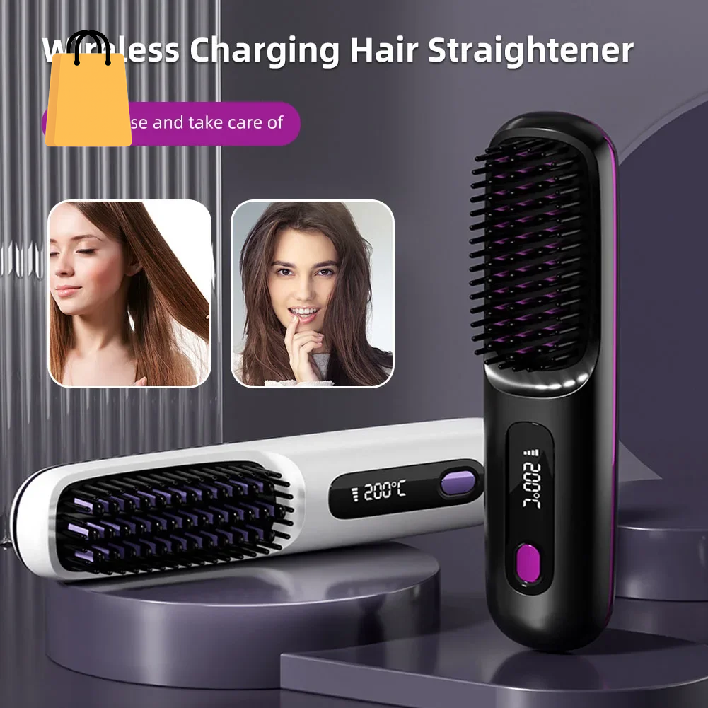 Hair Straightener Brush USB Rechargeable Cordless Negative Ions Hot Brush Electric Fluffy Curly Hair Styling Detangling Comb
