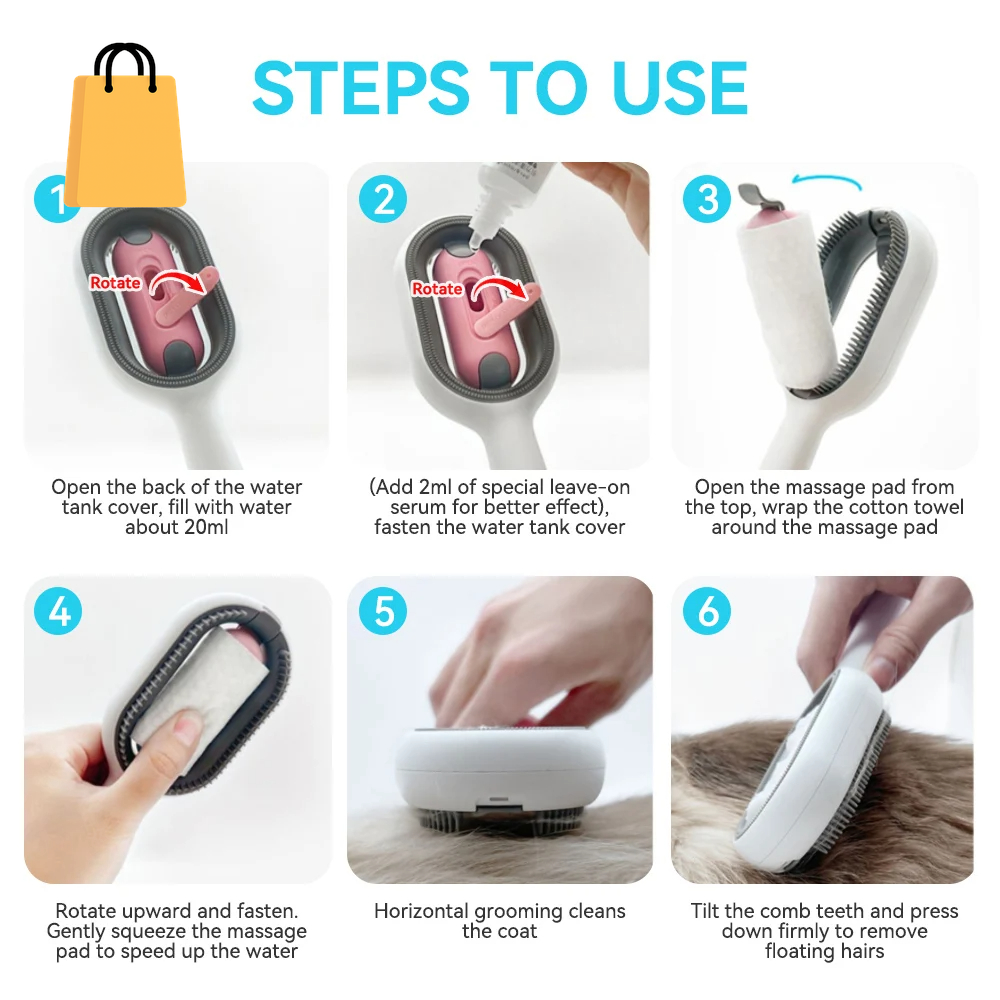 Cat Hair Brush with Water, Sticky Brush for Cats, 4 In-1 Cat Grooming Brush Creative Update Cat Dog Grooming Comb with Water Tank Double-Sided Hair Removal Brush Kitten Pet Supplies Accessories