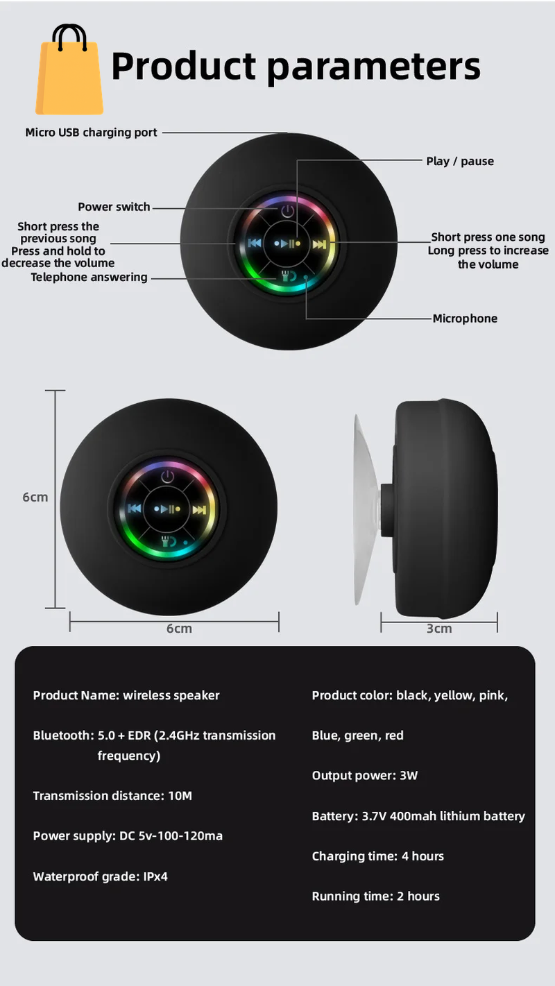 Portable Waterproof Bluetooth Shower Speaker with Suction Cup and LED Lights 3D Surround Stereo Subwoofer
