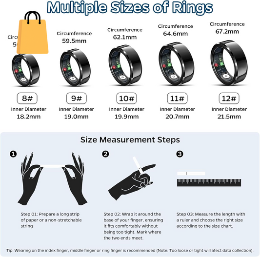 Smart Ring Health & Sleep Tracker - Waterproof Fitness Ring with Heart Rate Monitor, Activity Tracking, Air Gestures, 7-Day Battery Life - Compatible with iOS & Android (Black, #10)