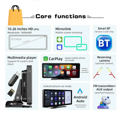 10.26 Inch Car Monitor Wireless Carplay /Android-Auto HD Screen Camera Bluetooth FM Transmitter USB TF Video Player