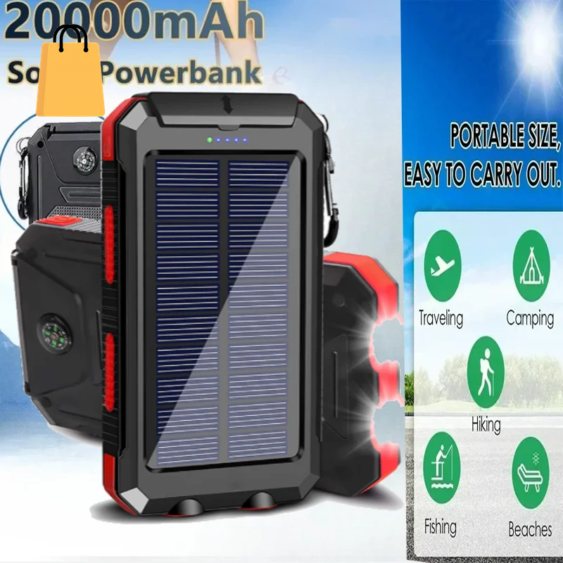 200000Mah Solar Power Bank Waterproof Large Capacity Powerbank Fast Charging External Battery with SOS for Iphone Samsung Xiaomi