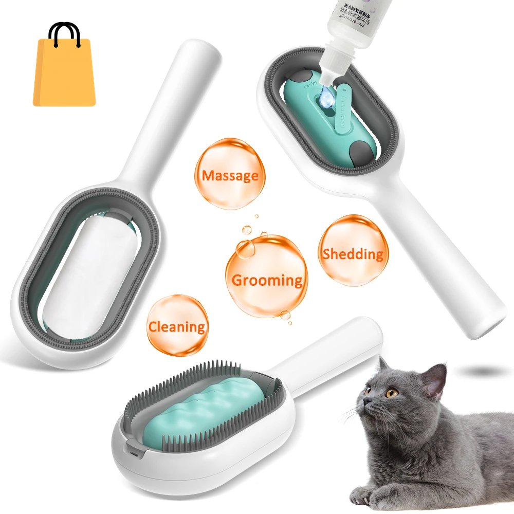 Cat Hair Brush with Water, Sticky Brush for Cats, 4 In-1 Cat Grooming Brush Creative Update Cat Dog Grooming Comb with Water Tank Double-Sided Hair Removal Brush Kitten Pet Supplies Accessories